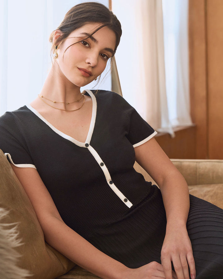 SALE | Elegant Contrast Black Knit Midi Dress