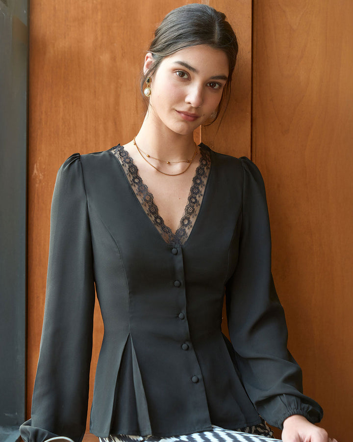 SALE | Black lace V-neck blouse with elegant buttons