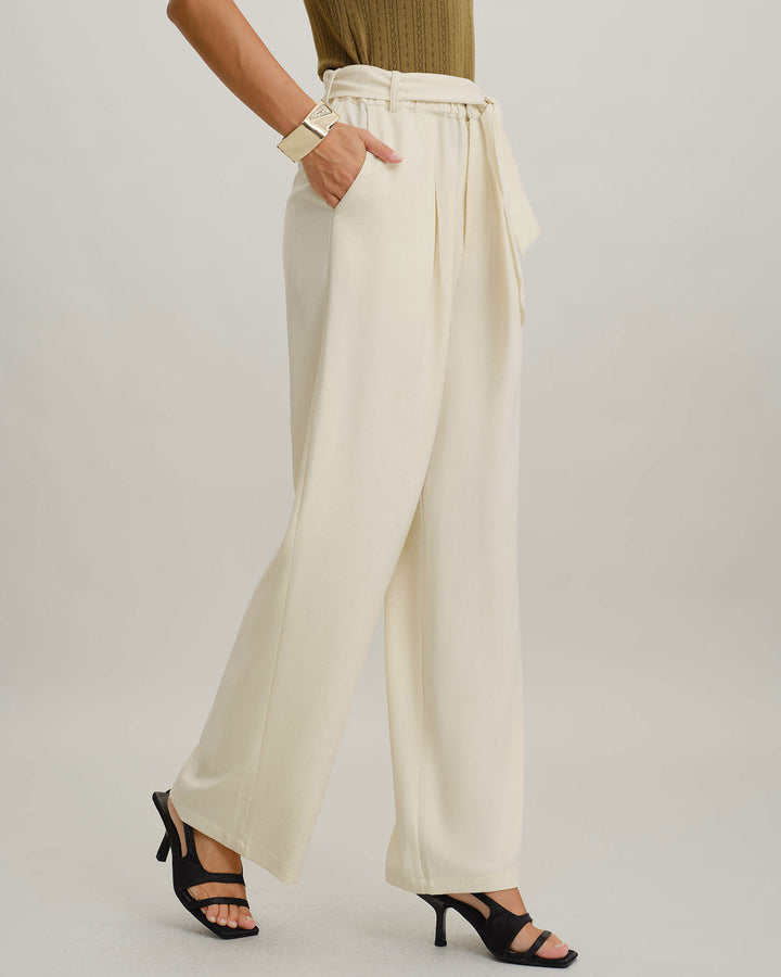 SALE | High Waist Beige Pants with Belt and Straight Cut
