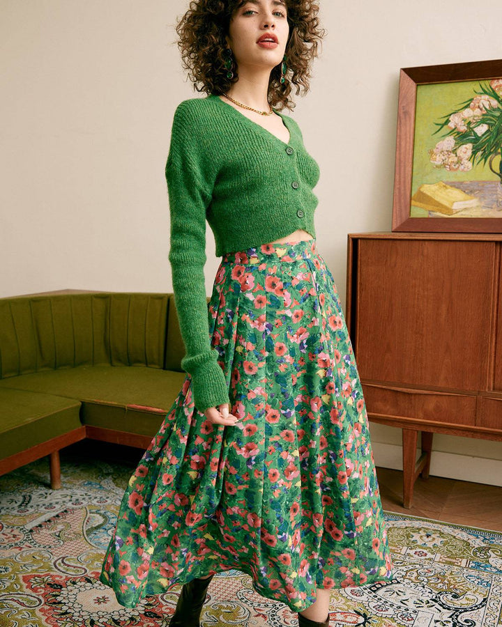 The Green Pleated Floral Skirt