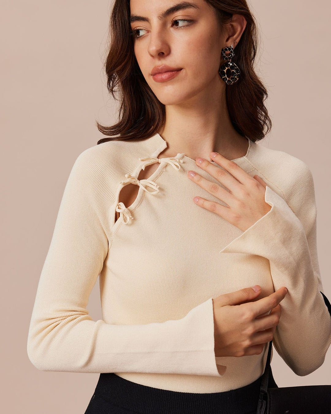 SALE | Trendy Beige Ribbed Knit Top with Neckline and Bow Knot Design