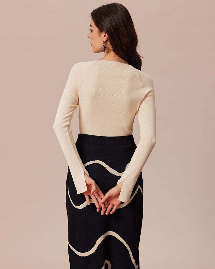 SALE | Trendy Beige Ribbed Knit Top with Neckline and Bow Knot Design