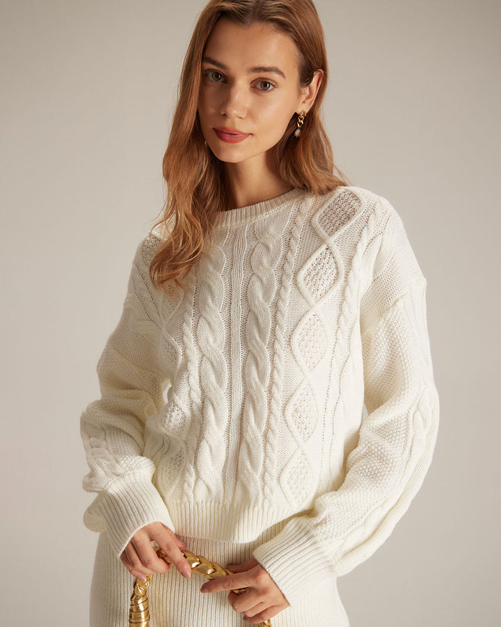 SALE | Beige crew neck pullover in ribbed and twisted knit for a cozy and trendy style