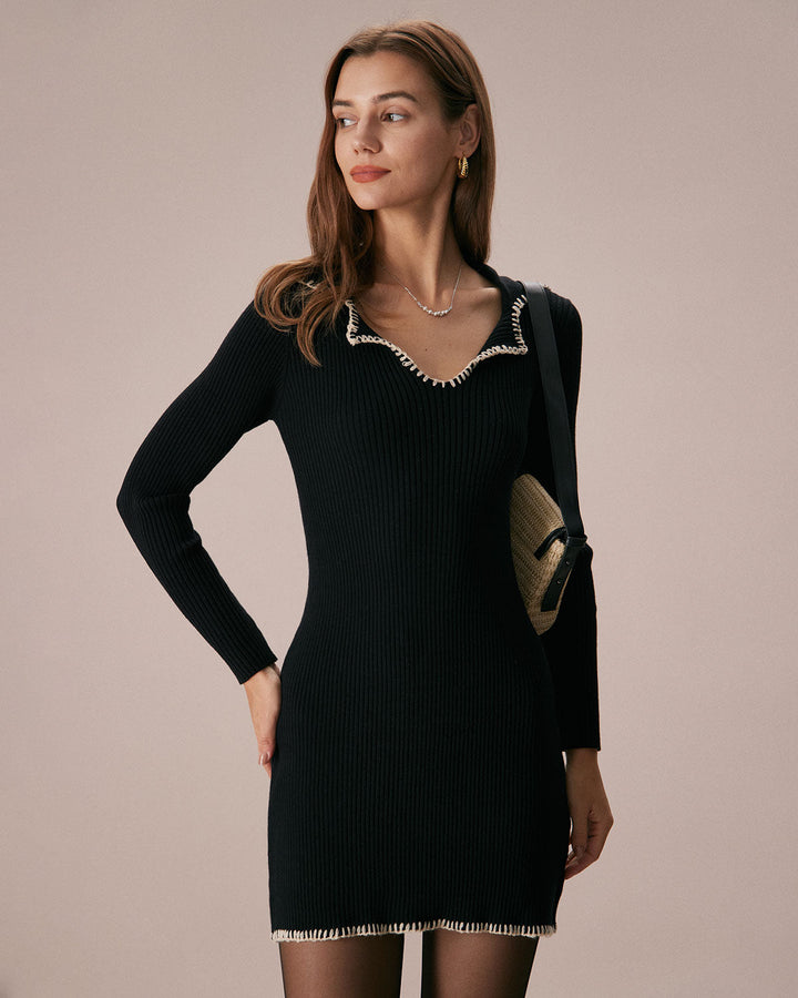 SALE | Chic Black Contrast Stitch Knitted Mini Skirt Dress