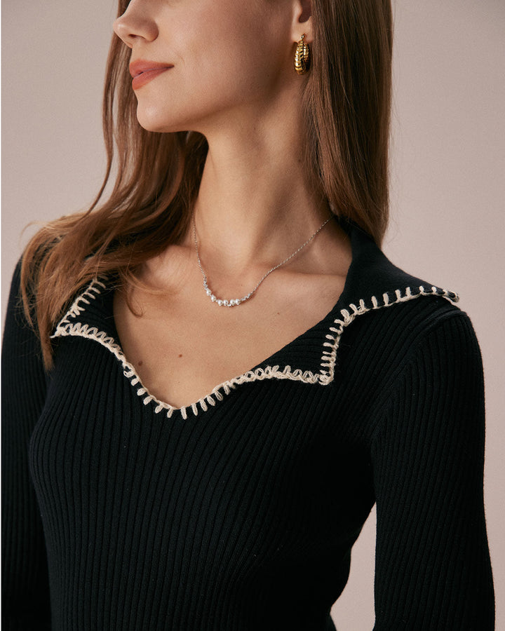 SALE | Chic Black Contrast Stitch Knitted Mini Skirt Dress