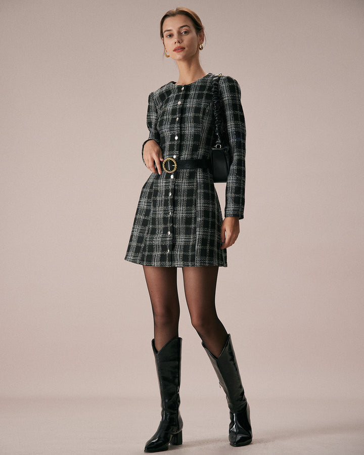 SALE | Elegant Black Mini Dress with Turtleneck and Plaid A-line Skirt