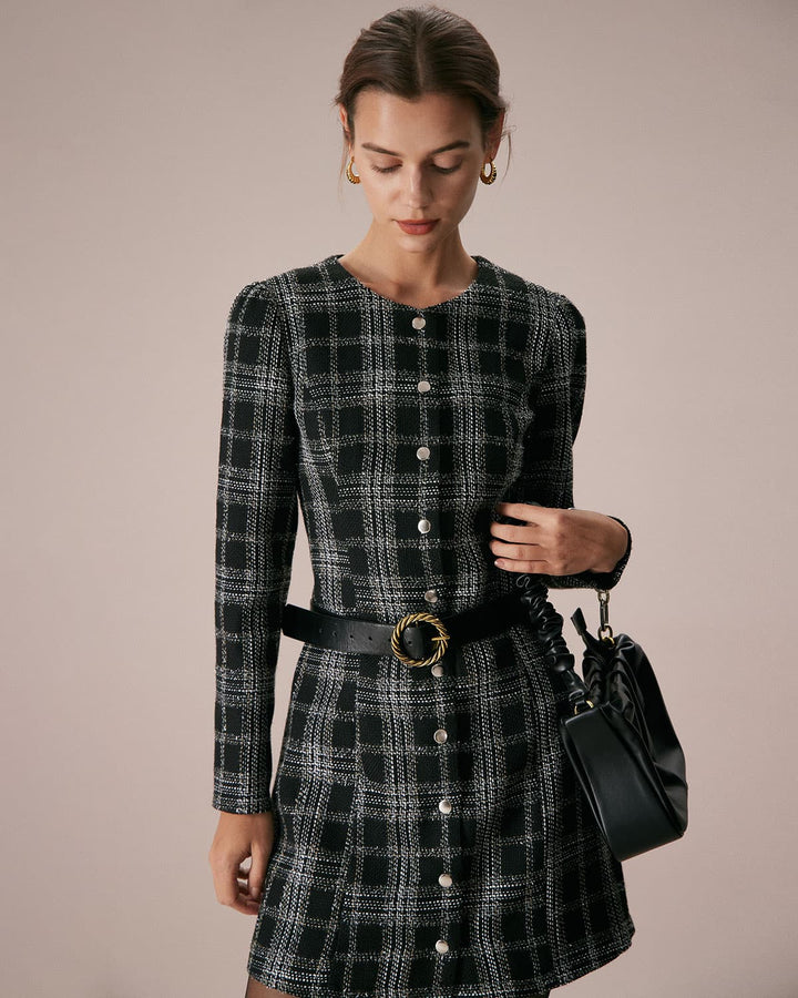 SALE | Elegant Black Mini Dress with Turtleneck and Plaid A-line Skirt