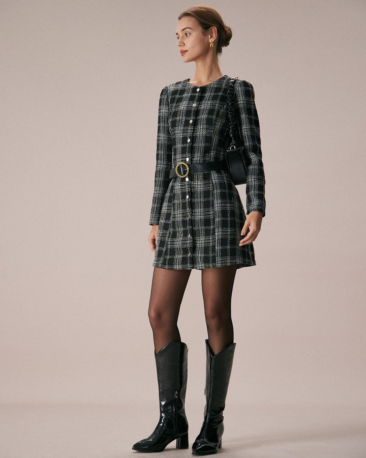 SALE | Elegant Black Mini Dress with Turtleneck and Plaid A-line Skirt