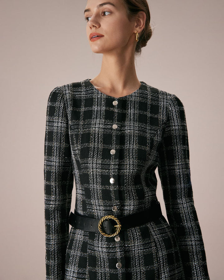 SALE | Elegant Black Mini Dress with Turtleneck and Plaid A-line Skirt