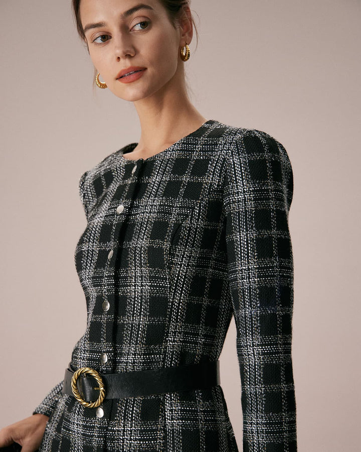 SALE | Elegant Black Mini Dress with Turtleneck and Plaid A-line Skirt