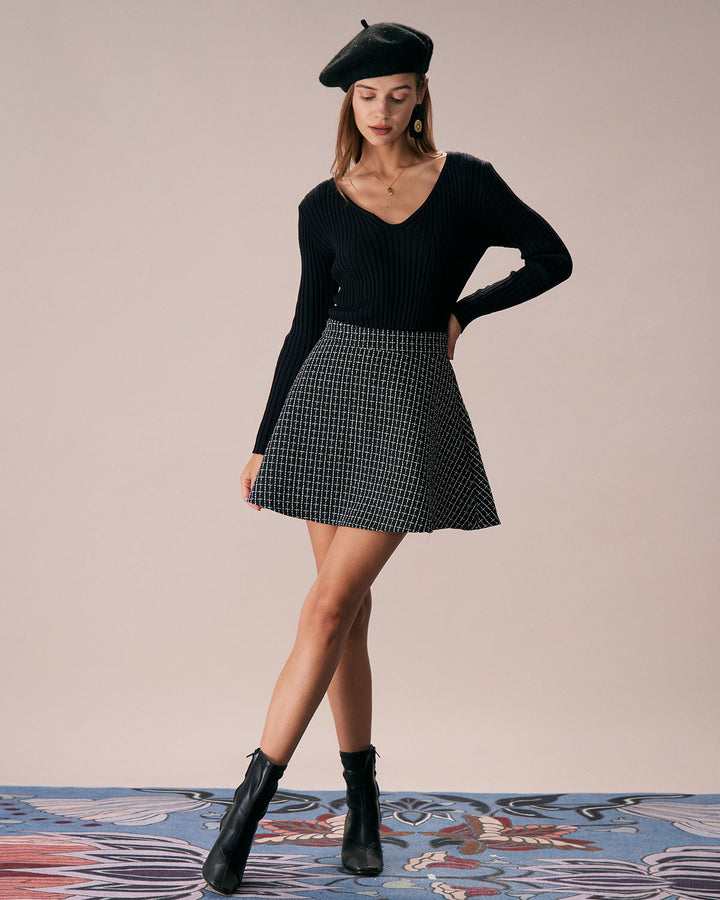 SALE | High-Waisted Black Checked Tweed Mini Skirt