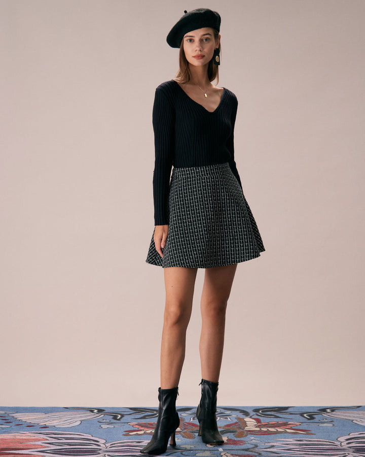 SALE | High-Waisted Black Checked Tweed Mini Skirt