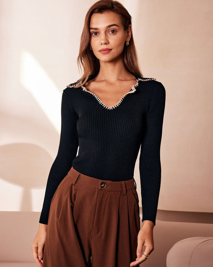 SALE | Elegant Black Lapel Seam Colorblock Knit Top for a Stylish Look