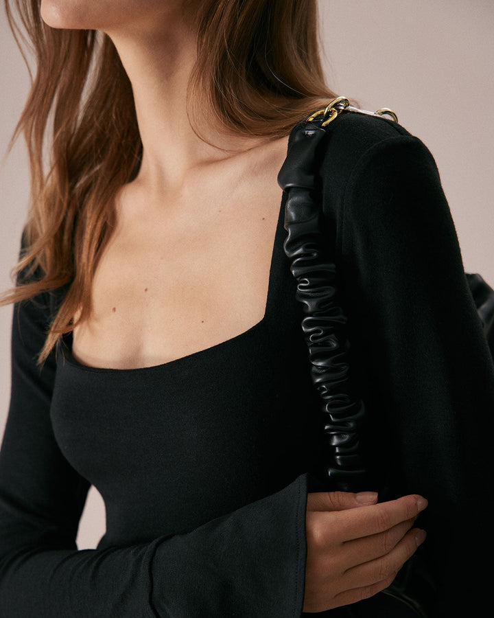 SALE | Black square-neck T-shirt with wide flared sleeves and slits