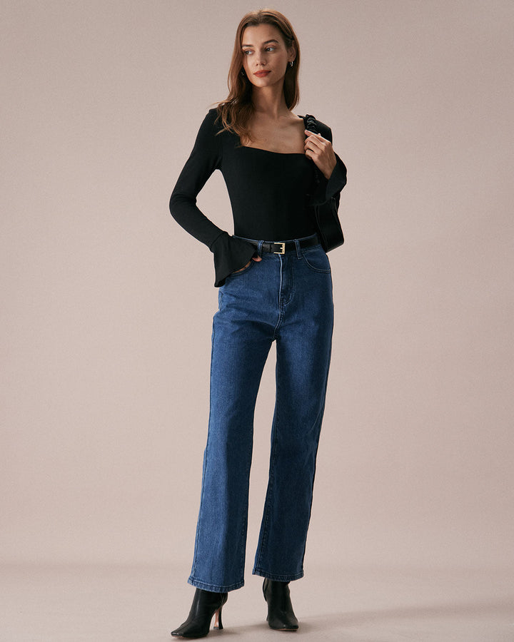 SALE | Black square-neck T-shirt with wide flared sleeves and slits