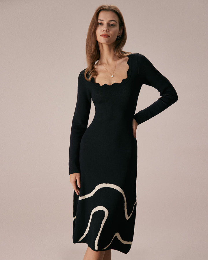 SALE | Mid-Length Knitted Dress with Wavy Hem Black Wave