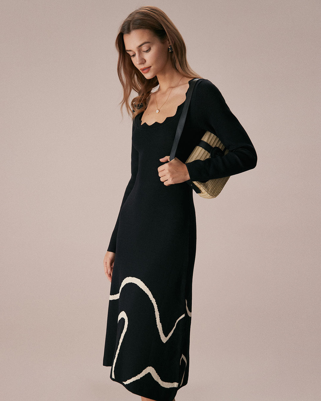 SALE | Mid-Length Knitted Dress with Wavy Hem Black Wave