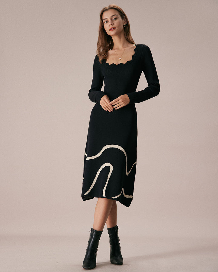 SALE | Mid-Length Knitted Dress with Wavy Hem Black Wave