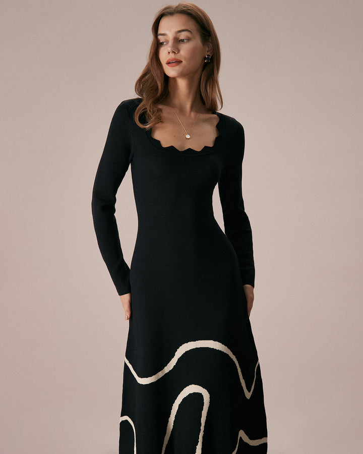 SALE | Mid-Length Knitted Dress with Wavy Hem Black Wave