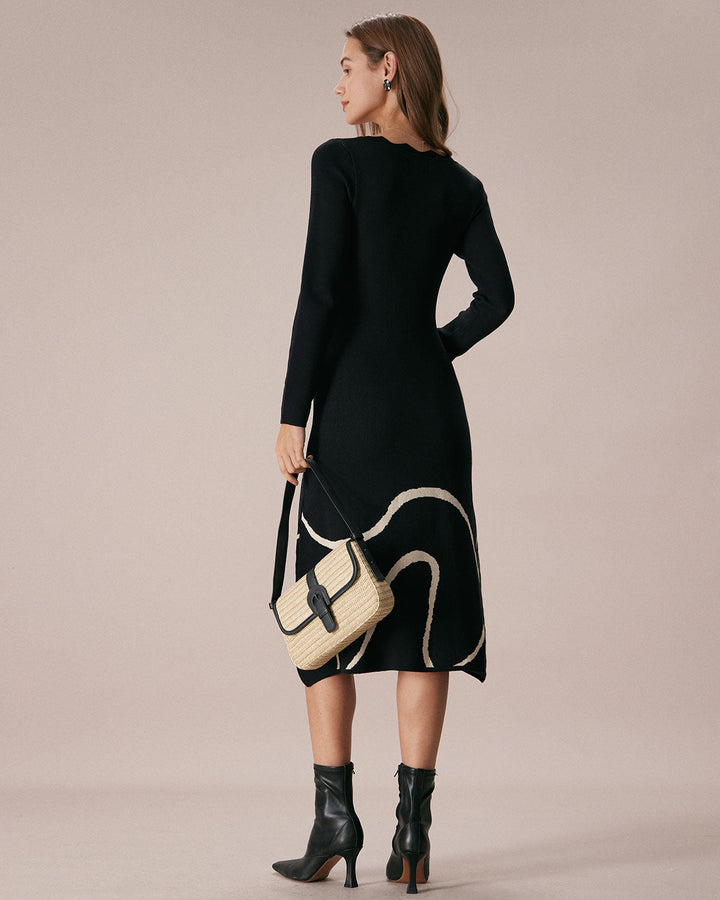 SALE | Mid-Length Knitted Dress with Wavy Hem Black Wave