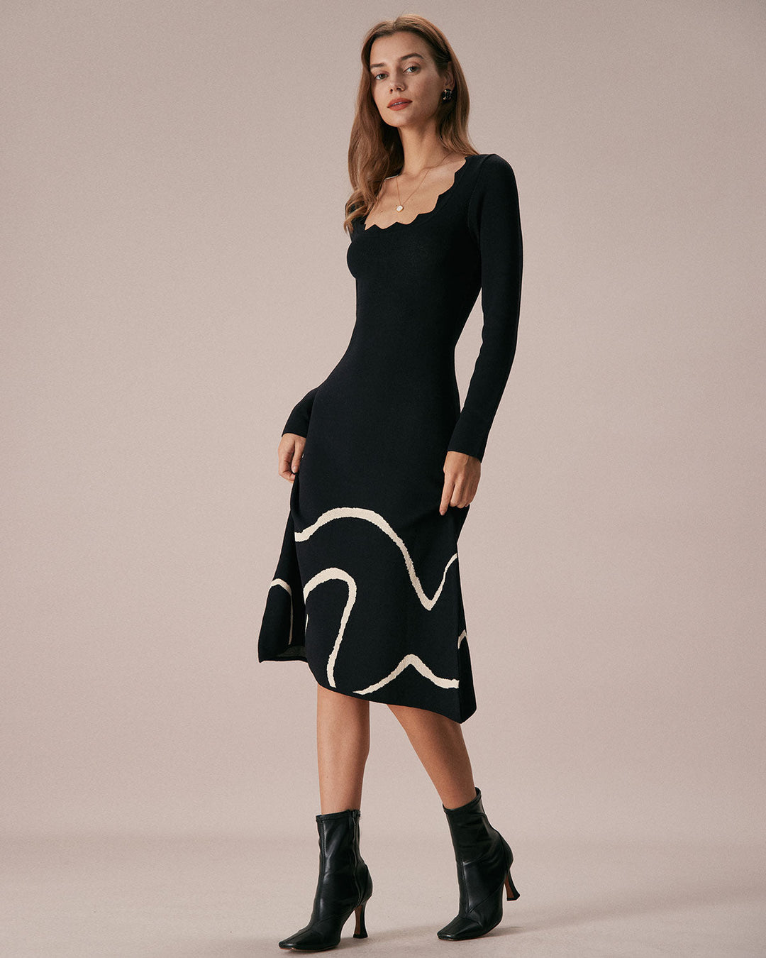SALE | Mid-Length Knitted Dress with Wavy Hem Black Wave