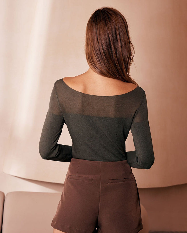 SALE | Army Green Boat Neck Sheer Knit Top - Stylish and Elegant for Every Occasion