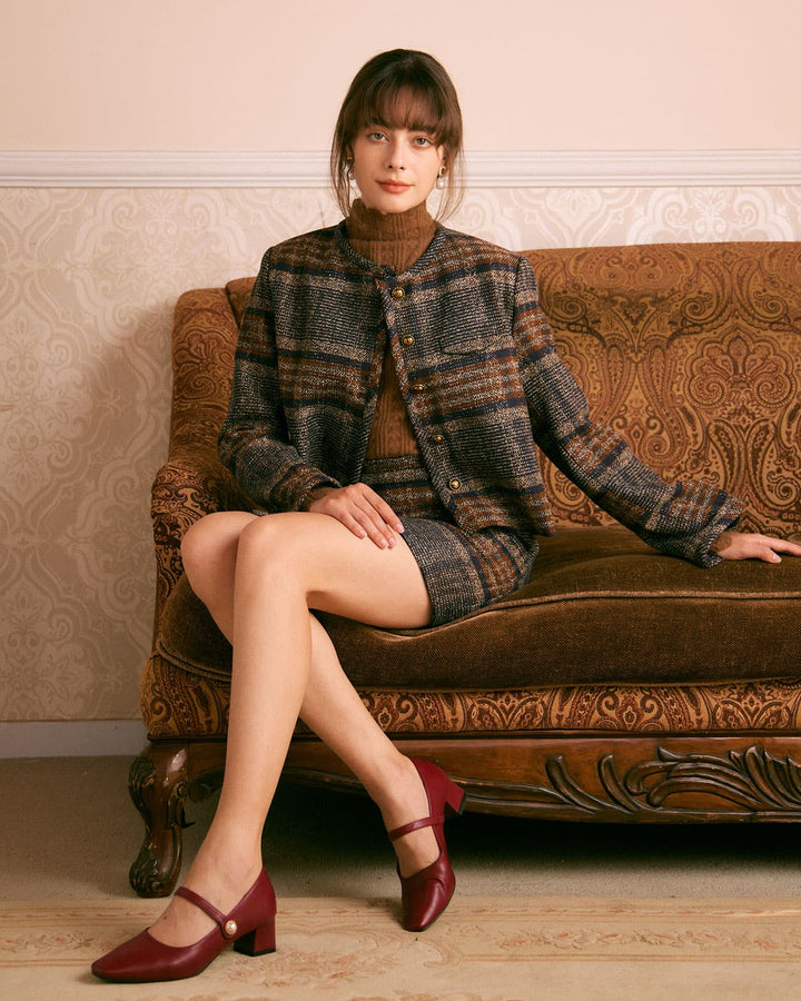 SALE | Striped mini skirt in natural brown tone fitted