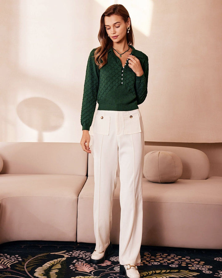 SALE | Stylish Dark Green Ribbed Knit Top with Elegant Lapel Design