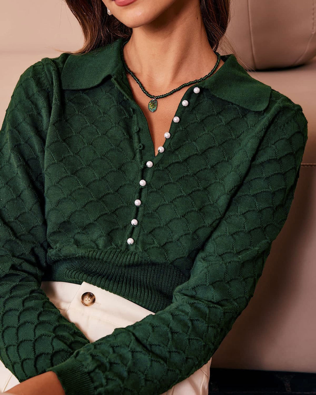 SALE | Stylish Dark Green Ribbed Knit Top with Elegant Lapel Design