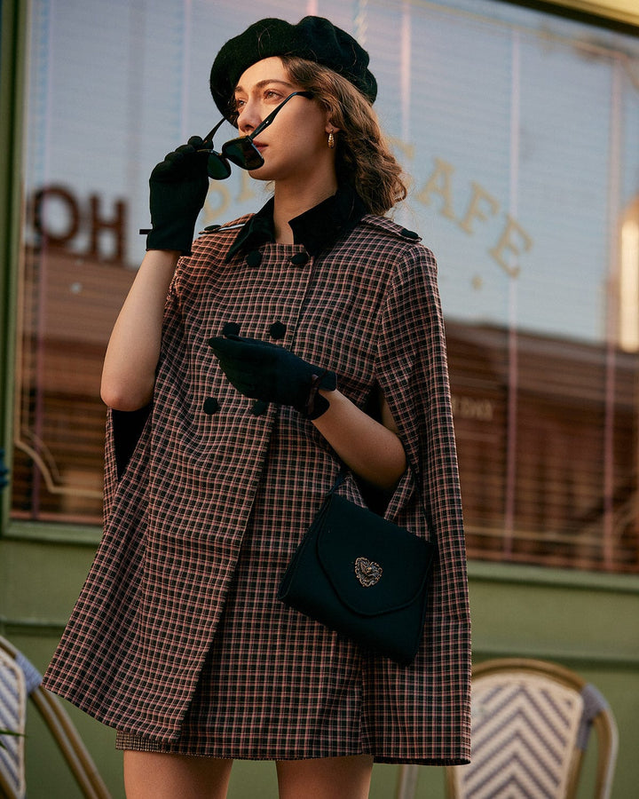 SALE | Double-breasted cape coat with a classic plaid pattern