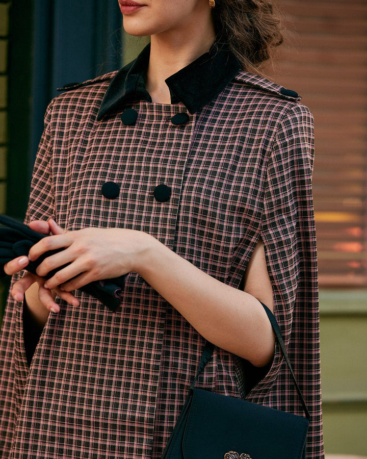 SALE | Double-breasted cape coat with a classic plaid pattern