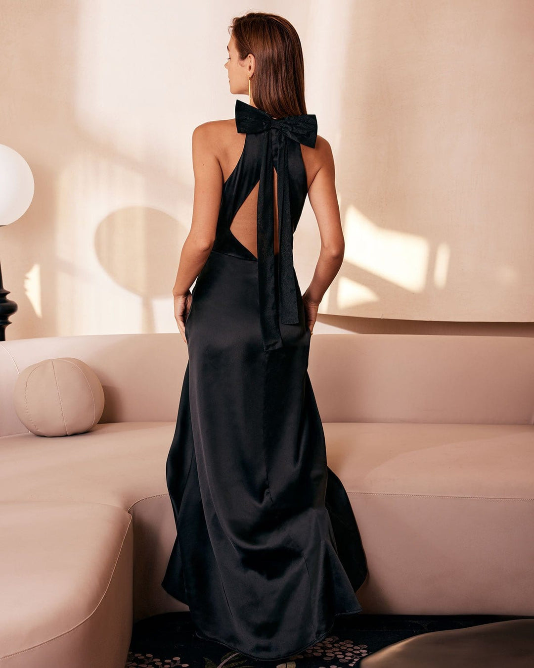 SALE | Elegant Black Halter Maxi Dress with Bowknot and Cutout Details