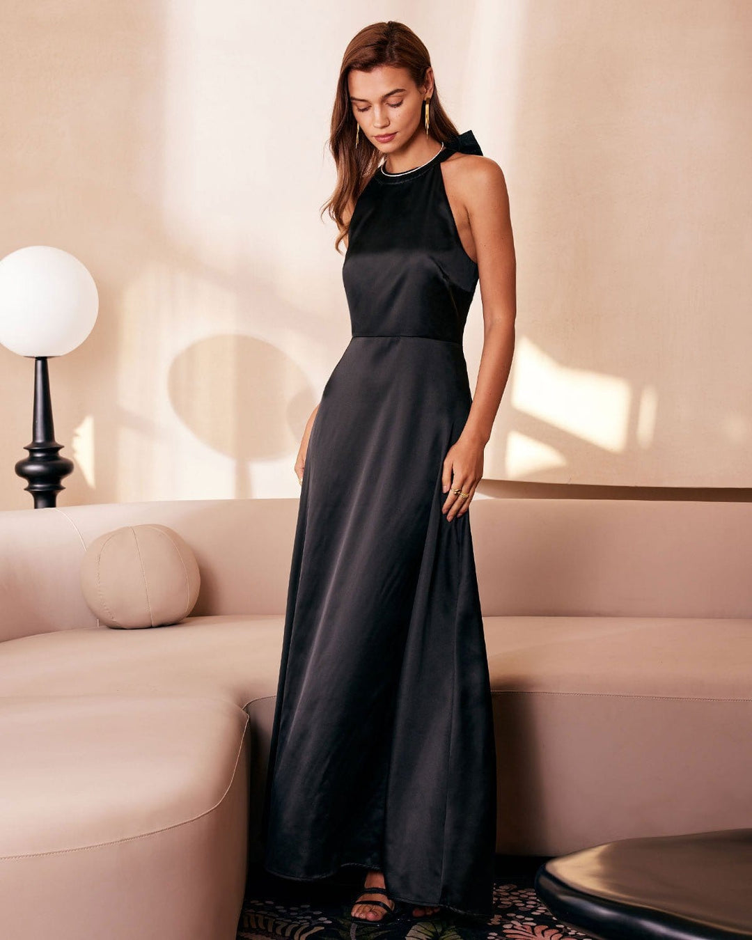 SALE | Elegant Black Halter Maxi Dress with Bowknot and Cutout Details