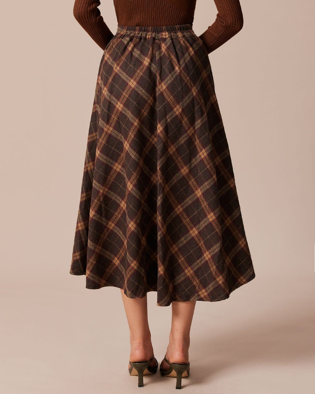 SALE | Brown Plaid Midi Skirt with Elastic Waist and Flare Fit