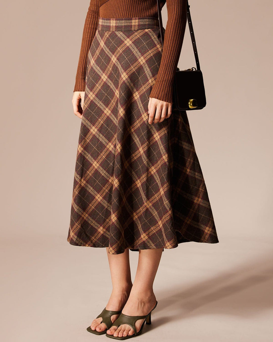 SALE | Brown Plaid Midi Skirt with Elastic Waist and Flare Fit