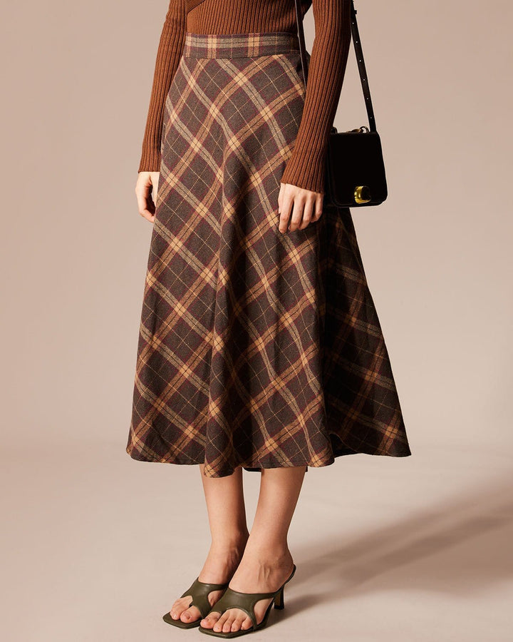 SALE | Brown Plaid Midi Skirt with Elastic Waist and Flare Fit