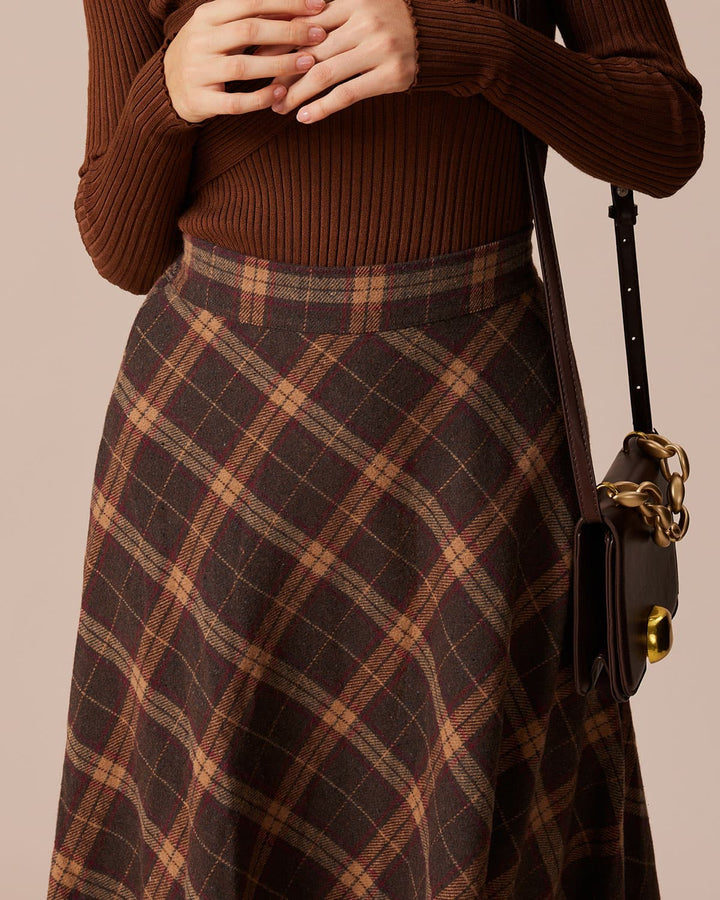 SALE | Brown Plaid Midi Skirt with Elastic Waist and Flare Fit