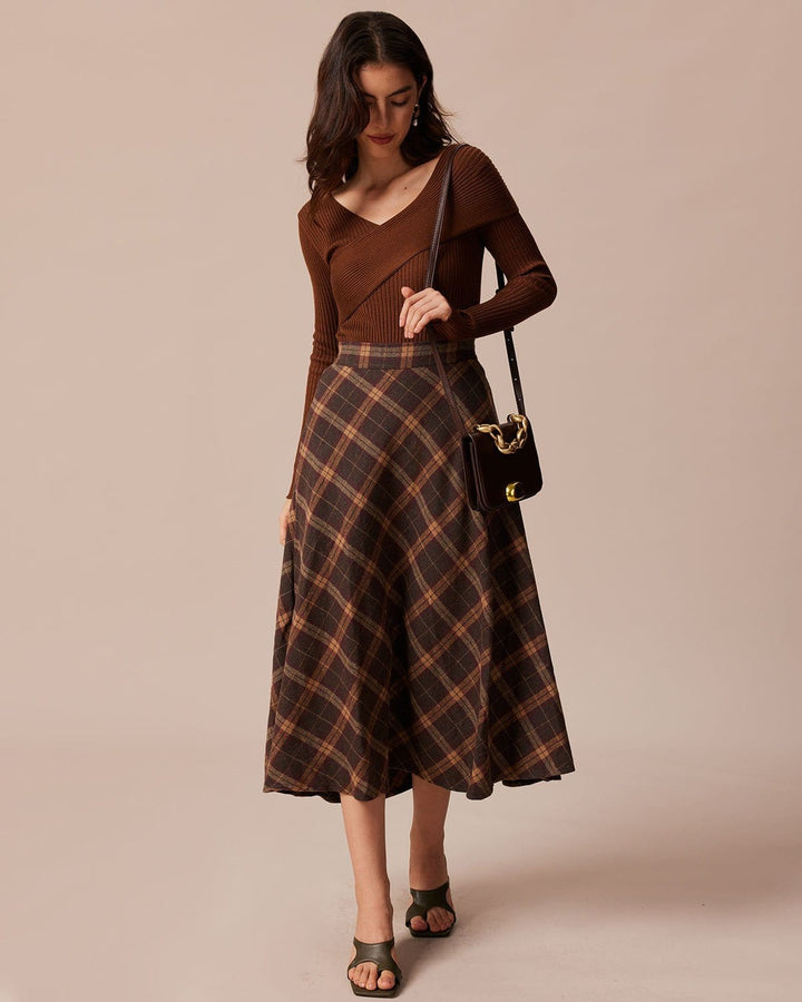 SALE | Brown Plaid Midi Skirt with Elastic Waist and Flare Fit