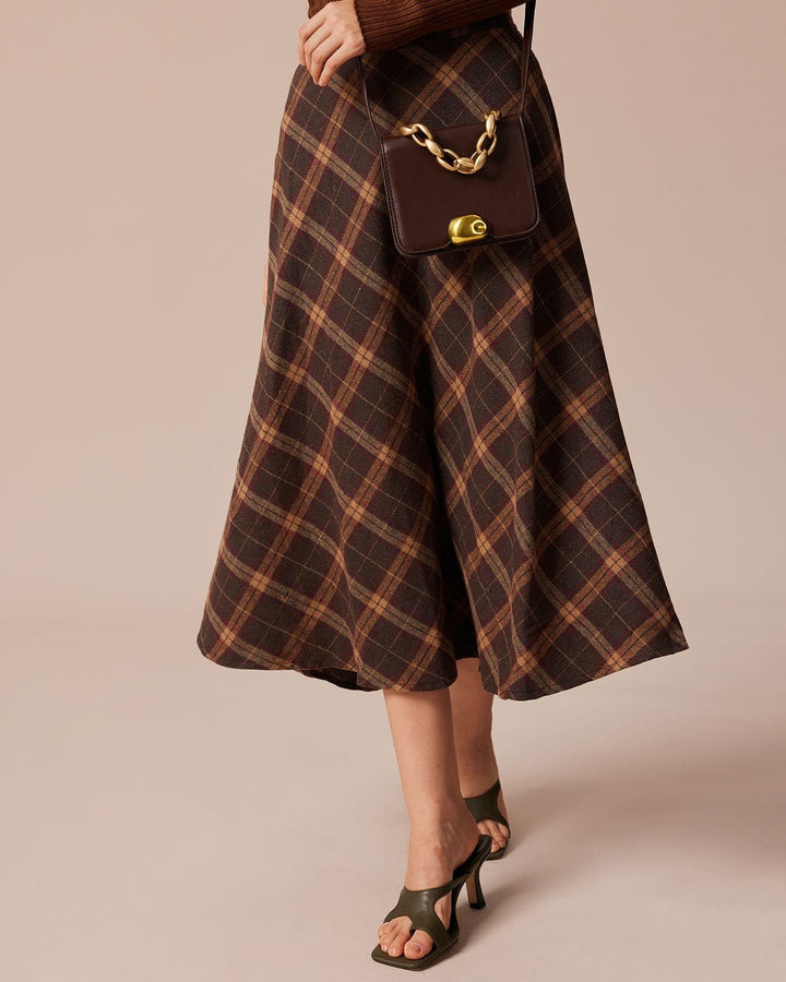 SALE | Brown Plaid Midi Skirt with Elastic Waist and Flare Fit