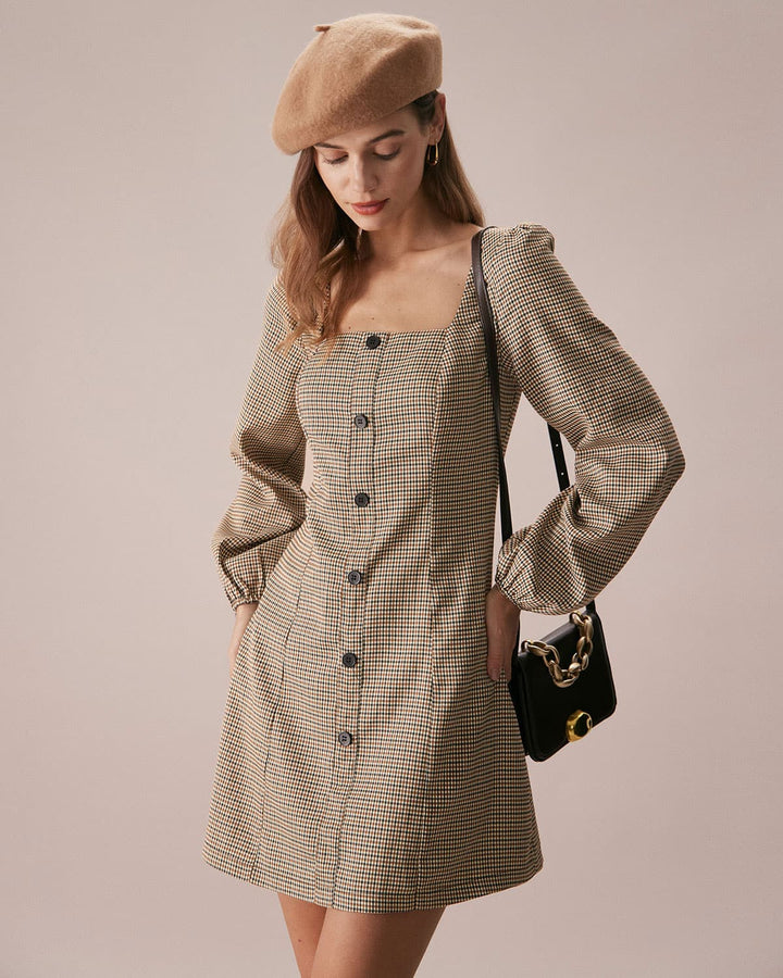 SALE | Mini plaid dress in khaki brown with a square neckline and buttons