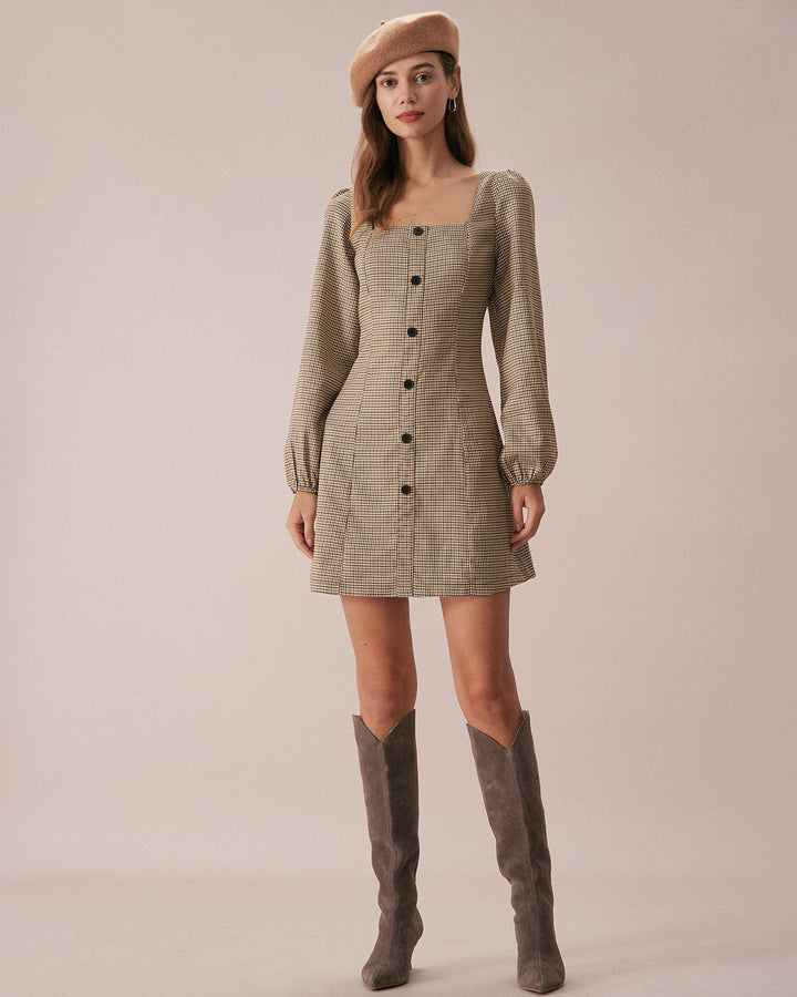 SALE | Mini plaid dress in khaki brown with a square neckline and buttons