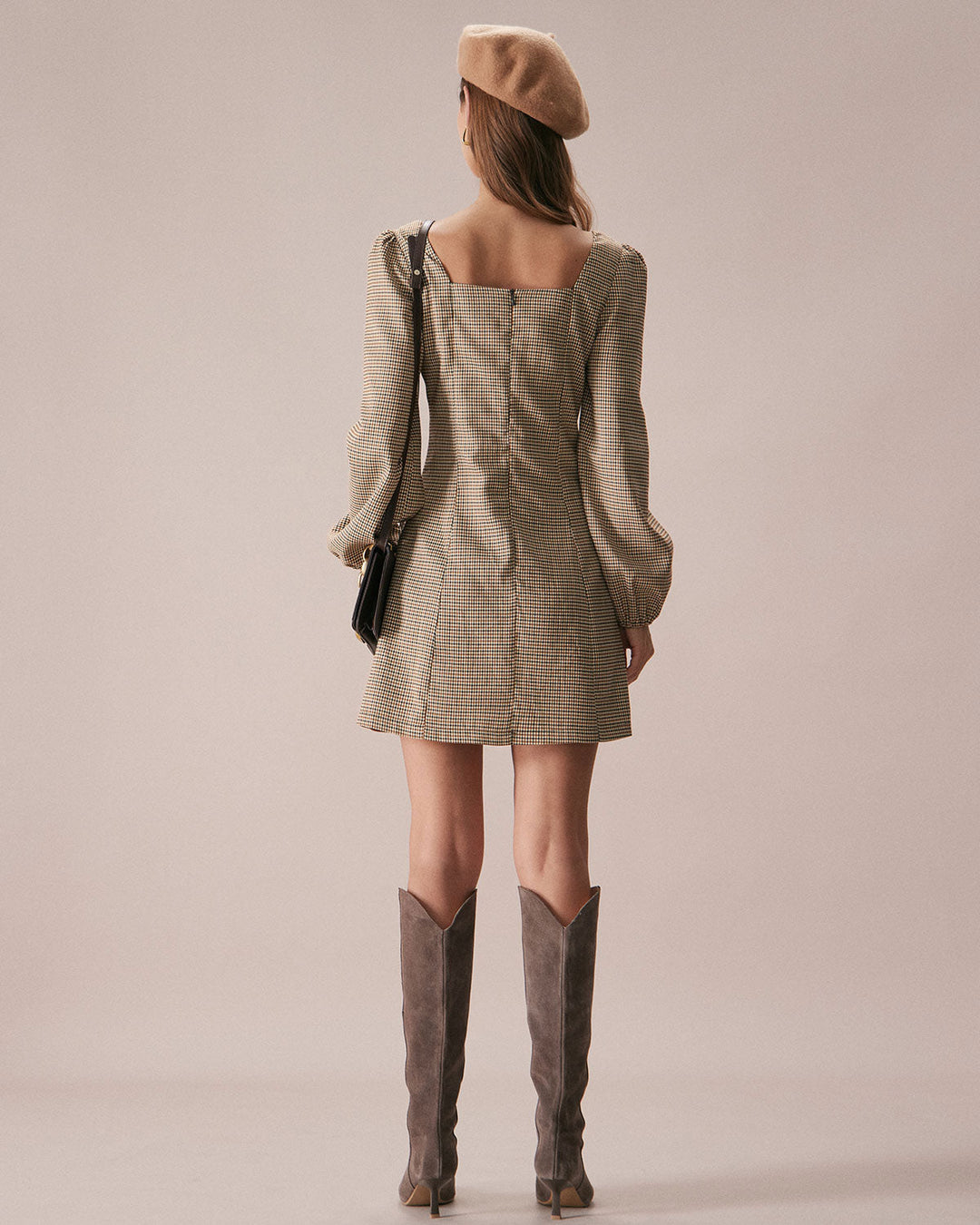 SALE | Mini plaid dress in khaki brown with a square neckline and buttons