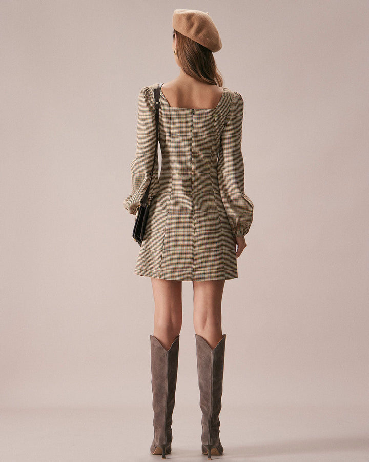 SALE | Mini plaid dress in khaki brown with a square neckline and buttons