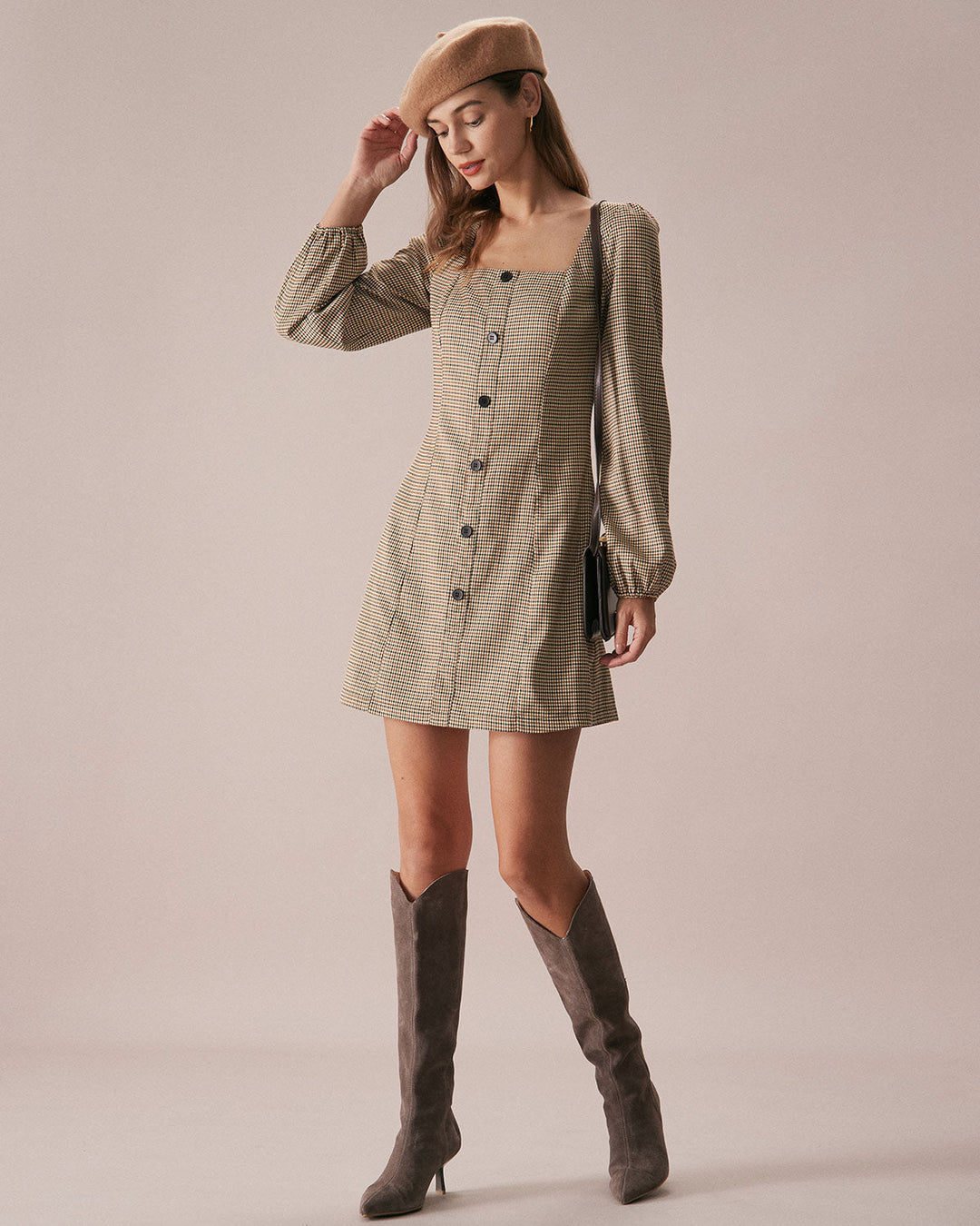 SALE | Mini plaid dress in khaki brown with a square neckline and buttons