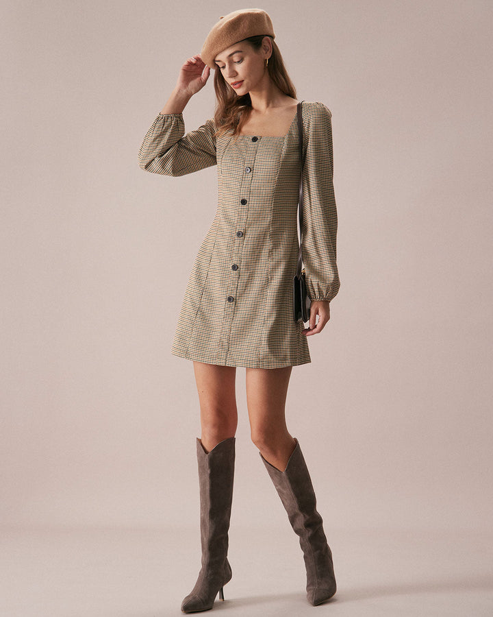 SALE | Mini plaid dress in khaki brown with a square neckline and buttons