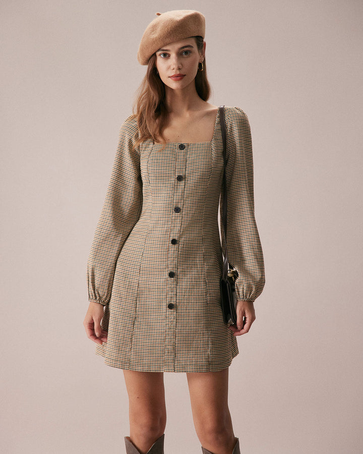 SALE | Mini plaid dress in khaki brown with a square neckline and buttons