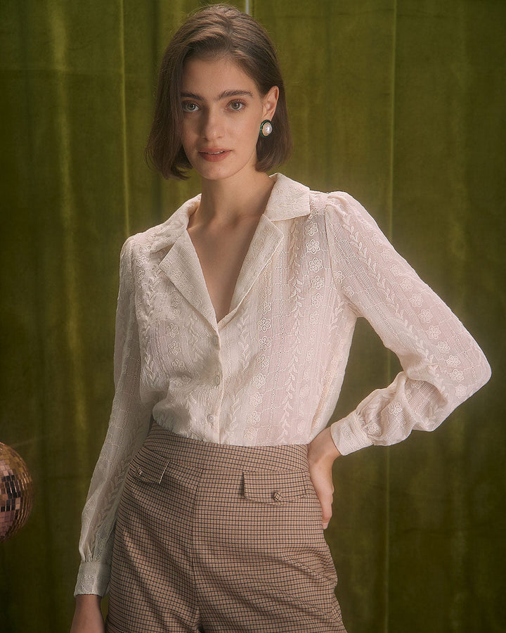 SALE | Blouse with Floral Embroidery and Date Leaf Collar