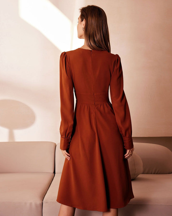 SALE | Orange Pleated Midi Dress with V-Neck and Buttons for an Elegant Look