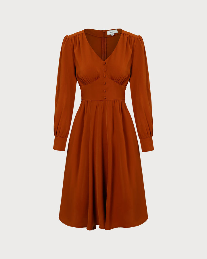 SALE | Orange Pleated Midi Dress with V-Neck and Buttons for an Elegant Look