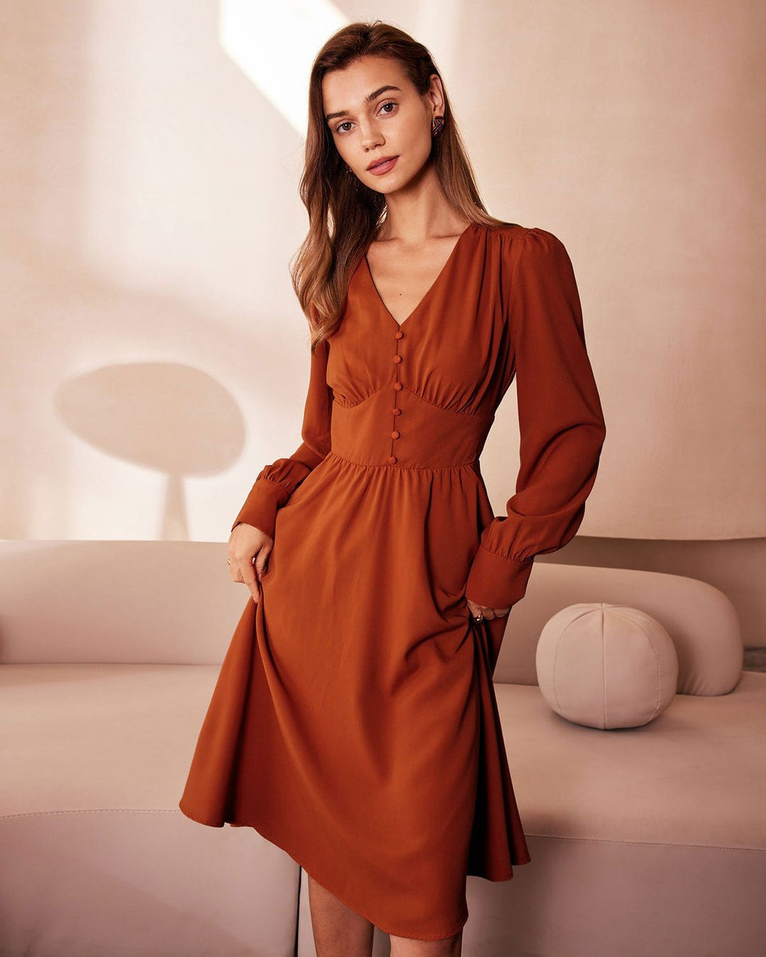 SALE | Orange Pleated Midi Dress with V-Neck and Buttons for an Elegant Look